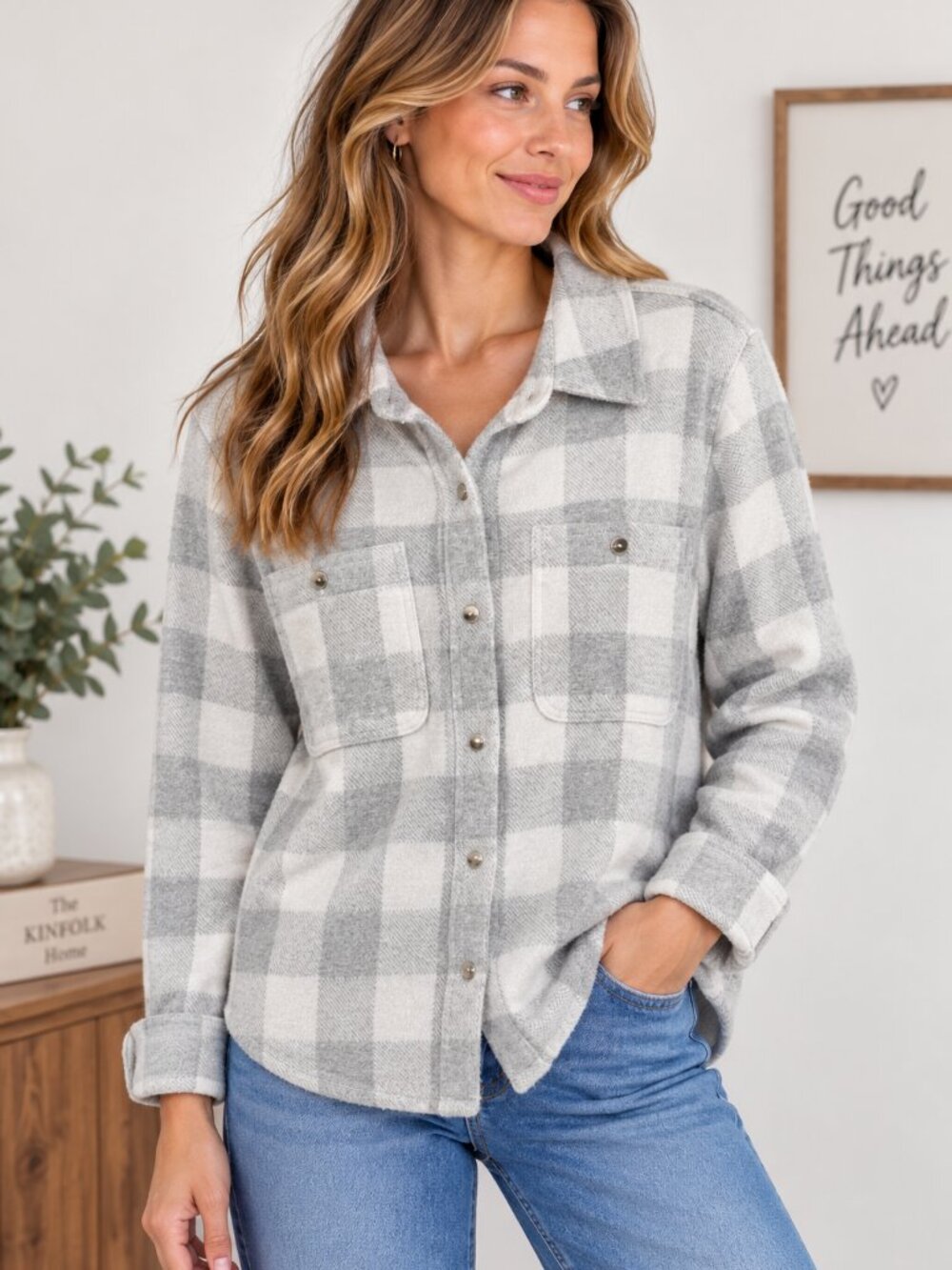 Workshop Republic Clothing Womens L Gray Plaid Snap Button Shirt Jacket Stre1481